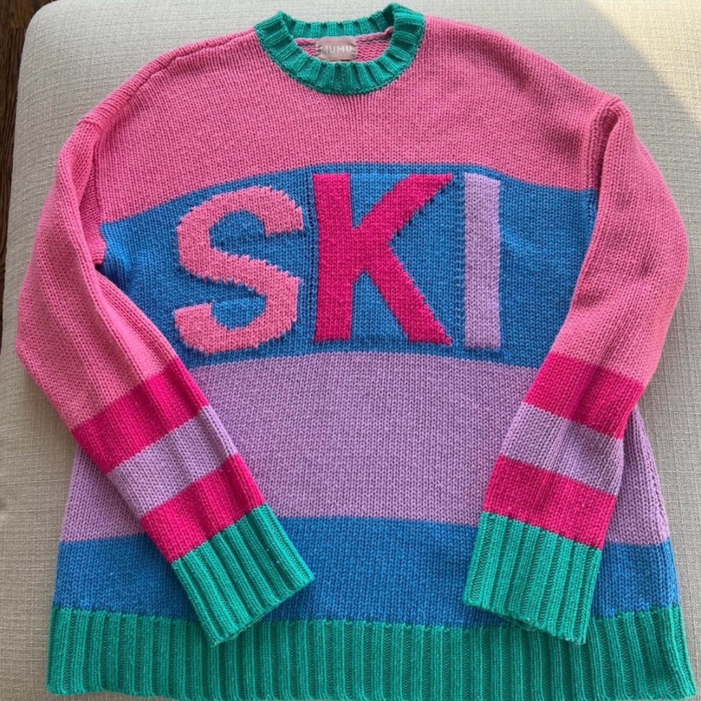 Show Me Your MuMu Pink, Blue & Green 'SKI' Striped Crewneck Sweater